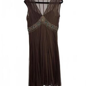 Y2K‎ Vintage Brown Beaded Midi Dress with Sheer Overlay